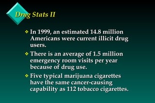 Drug Stats II In 1999, an estimated 14.8 million Americans were current illicit drug users. There is an average of 1.5 million emergency room visits per year because of drug use. Five typical marijuana cigarettes have the same cancer-causing capability as 112 tobacco cigarettes. 