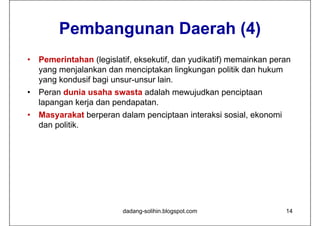 Pembangunan Daerah (4)
•   Pemerintahan (legislatif, eksekutif, dan yudikatif) memainkan peran
    yang menjalankan dan menciptakan lingkungan politik dan hukum
    yang kondusif bagi unsur-unsur lain.
•   Peran dunia usaha swasta adalah mewujudkan penciptaan
    lapangan kerja dan pendapatan.
•   Masyarakat berperan dalam penciptaan interaksi sosial, ekonomi
    dan politik.




                          dadang-solihin.blogspot.com                14
 