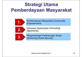 Strategi Utama
Pemberdayaan Masyarakat

       Pemberdayaan Masyarakat (Community
  1.   Empowerment)

       Perluasan Kesempatan (Promoting
  2.   Opportunity)

       Pengembangan Perlindungan Sosial
  3.   (Enhancing Social Security)




           dadang-solihin.blogspot.com      30
 