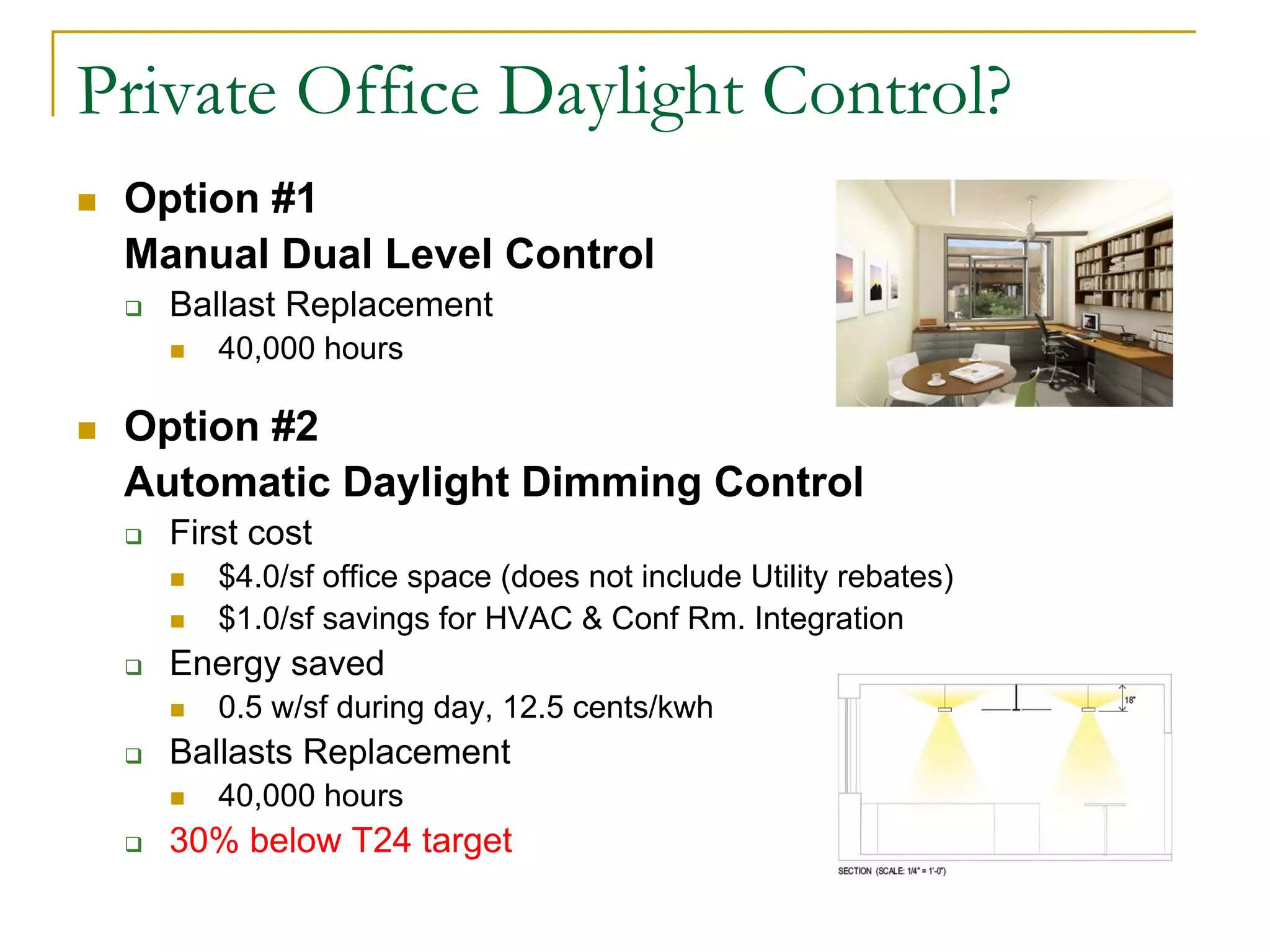Private Office Daylight Control?
Option #1
Manual Dual Level Control
Ballast Replacement
40,000 hours
Option #2
Automatic Daylight Dimming Control
First cost
$4.0/sf office space (does not include Utility rebates)
$1.0/sf savings for HVAC & Conf Rm. Integration
Energy saved
0.5 w/sf during day, 12.5 cents/kwh
Ballasts Replacement
40,000 hours
30% below T24 target
 