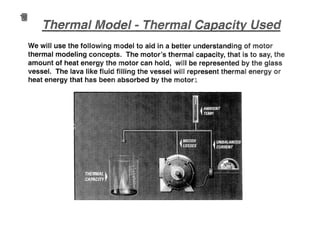 We will use the following model to aid in a better understanding of motor
thermal modeling concepts. The motor's thermal capacity, that is to say, the
amount of heat energy the motor can hold, win be represented by the glass
vessel. The lava like fluid filling the vessel will represent thermal energy or
heat energy that has been absorbed by the motofl
 