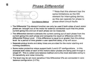 ***Note that
same limitations the
element for interrupting
is can operate phase
phase short circu faultsCore Balance Method
t;... (:1
[< ---+-+--+-+---------1
~ The Differential Trip element function can only be used if both sides of each stator
phase are brought out of the motor for external connection such that the phase
current going into and out of each phase can be measured.
~ The differential element subtracts the current coming out of each phase from the
current going into each phase and compares the result or difference with the
differential Pickup Level. If this difference is equal to or greater then the pickup
level for a period of time greater a user specified delay, a trip win occur.
~ Separate pickup levels and delay times are provided for the motor starting and
running conditions.
~ Some motor protective relays support both 3 and 6 CT configurations. In this
example both sides of each of the motors stator phases are being past through a
single CT. This is called core balance method and is the most desirable owing
it's sensitivity and noise immunity.
~ The level may be set more sensitive if the Differential CTs are connected in core
balance configuration (3 CTs).
 