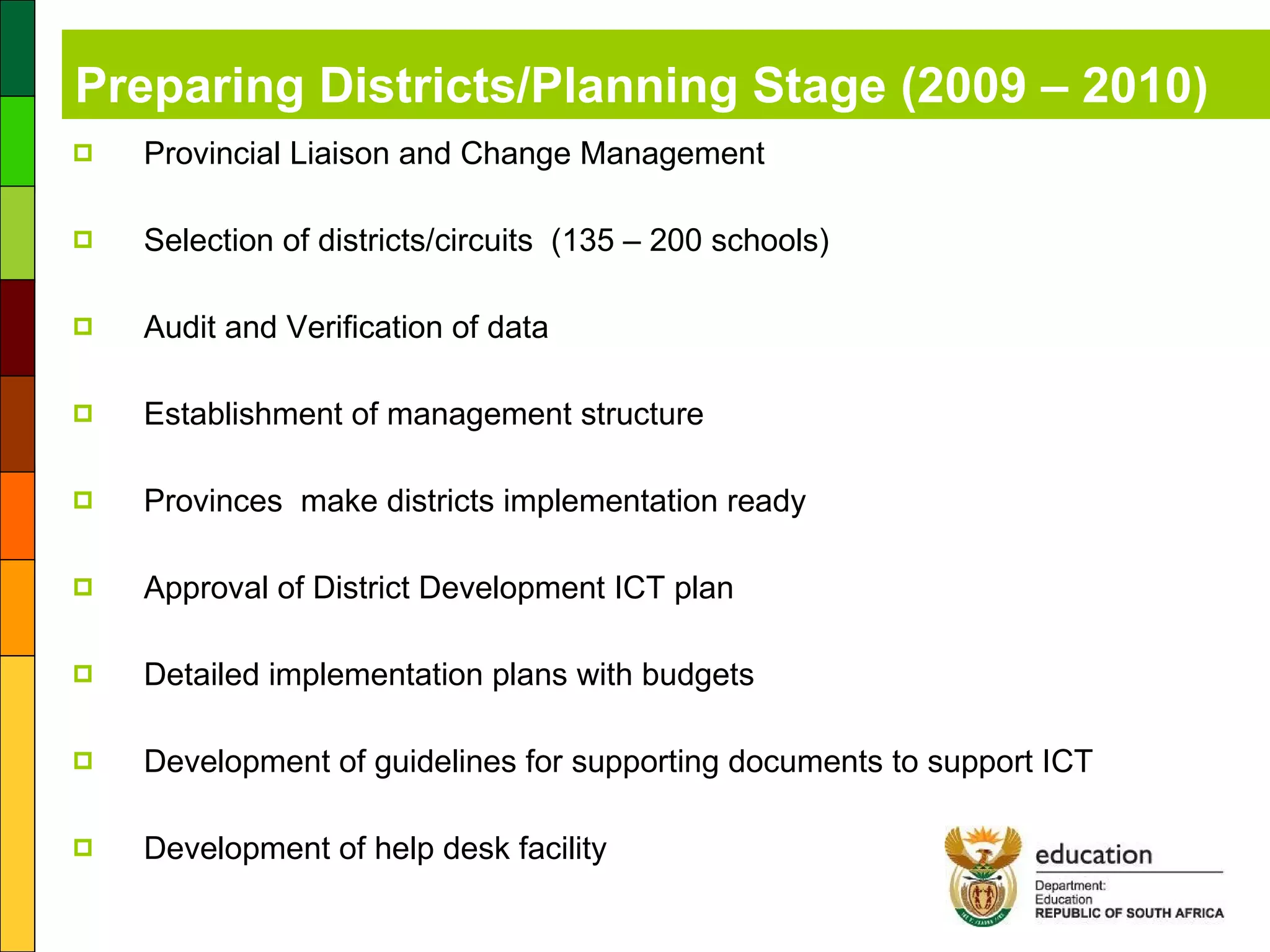 Preparing Districts/Planning Stage (2009 – 2010) Provincial Liaison and Change Management Selection of districts/circuits  (135 – 200 schools) Audit and Verification of data Establishment of management structure Provinces  make districts implementation ready Approval of District Development ICT plan Detailed implementation plans with budgets Development of guidelines for supporting documents to support ICT Development of help desk facility 