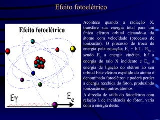 Efeito fotoelétrico
Acontece quando a radiação X,
transfere sua energia total para um
único elétron orbital ejetando-o do
átomo com velocidade (processo de
ionização). O processo de troca de
energia pela equação: Ec
= h.f - Elig ,
sendo Ec
a energia cinética, h.f a
energia do raio X incidente e Elig
a
energia de ligação do elétron ao seu
orbital Este elétron expelido do átomo é
denominado fotoelétron e poderá perder
a energia recebida do fóton, produzindo
ionização em outros átomos
A direção de saída do fotoelétron com
relação à de incidência do fóton, varia
com a energia deste.
 