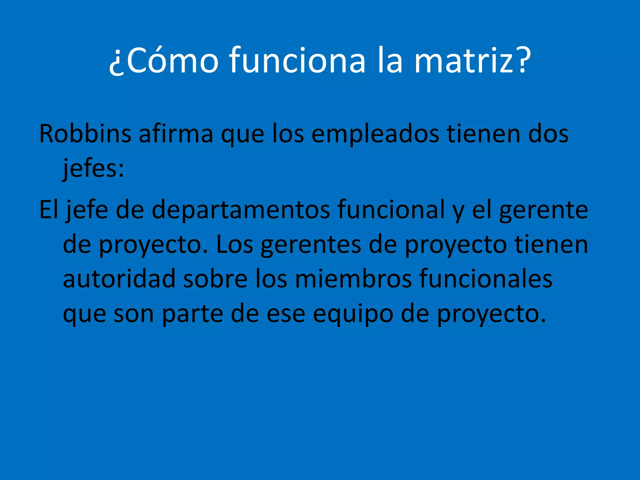 ¿Cómo funciona la matriz?
Robbins afirma que los empleados tienen dos
   jefes:
El jefe de departamentos funcional y el gerente
   de proyecto. Los gerentes de proyecto tienen
   autoridad sobre los miembros funcionales
   que son parte de ese equipo de proyecto.
 