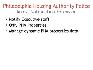 Philadelphia Housing Authority Police Arrest Notification Extension Notify Executive staff Only PHA Properties Manage dynamic PHA properties data 
