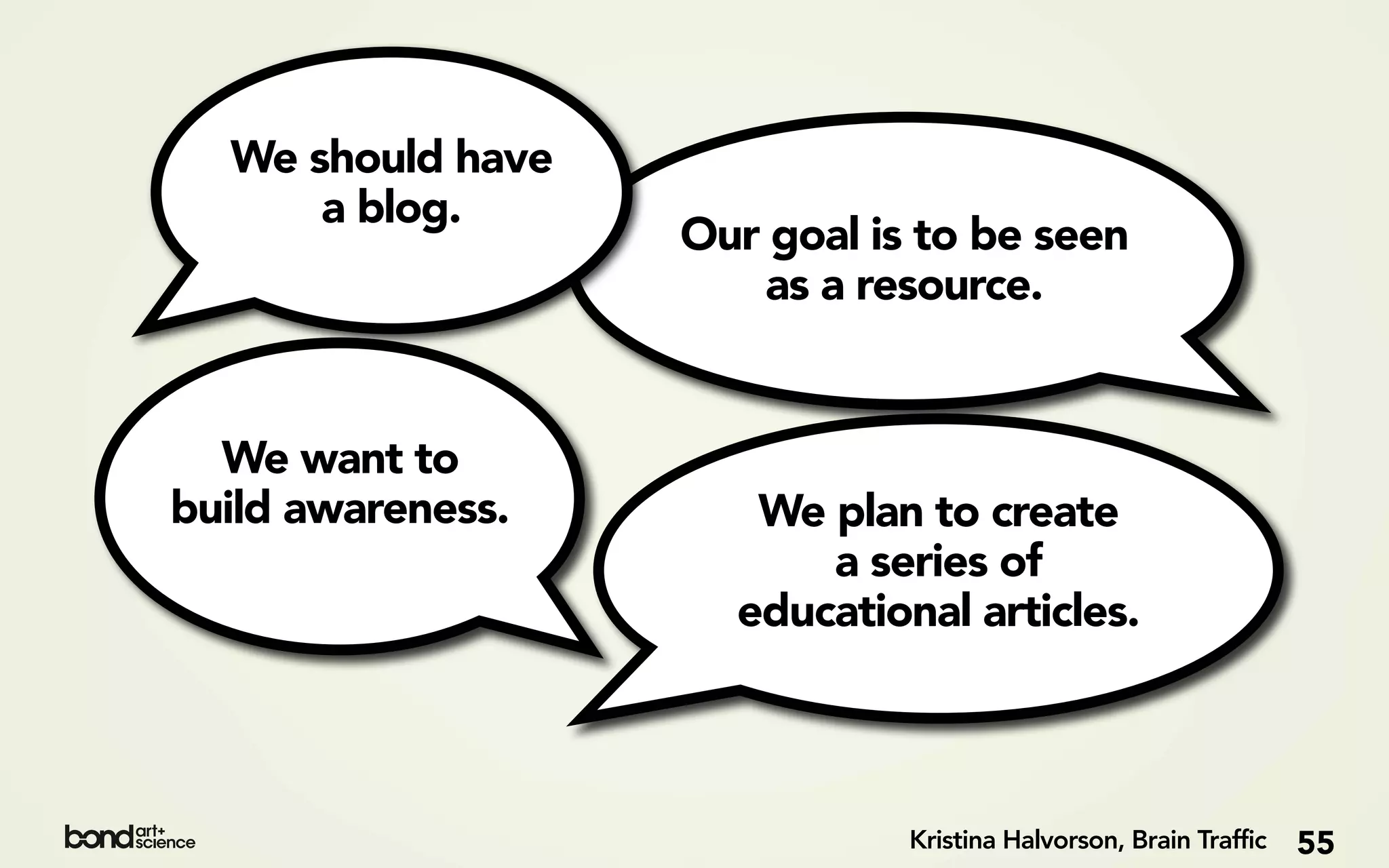 We should have
      a blog.
                   Our goal is to be seen
                      as a resource.


  We want to
build awareness.      We plan to create
                         a series of
                     educational articles.



                              Kristina Halvorson, Brain Traffic   55
 
