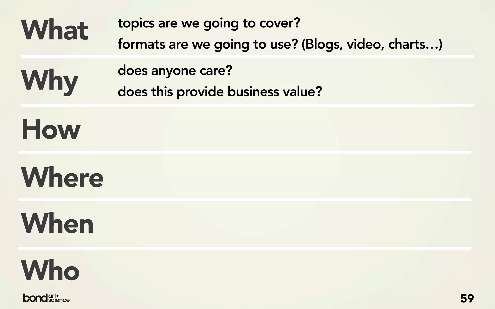 topics are we going to cover?
What    formats are we going to use? (Blogs, video, charts…)
        does anyone care?
Why     does this provide business value?


How
Where
When
Who
                                                               59
 