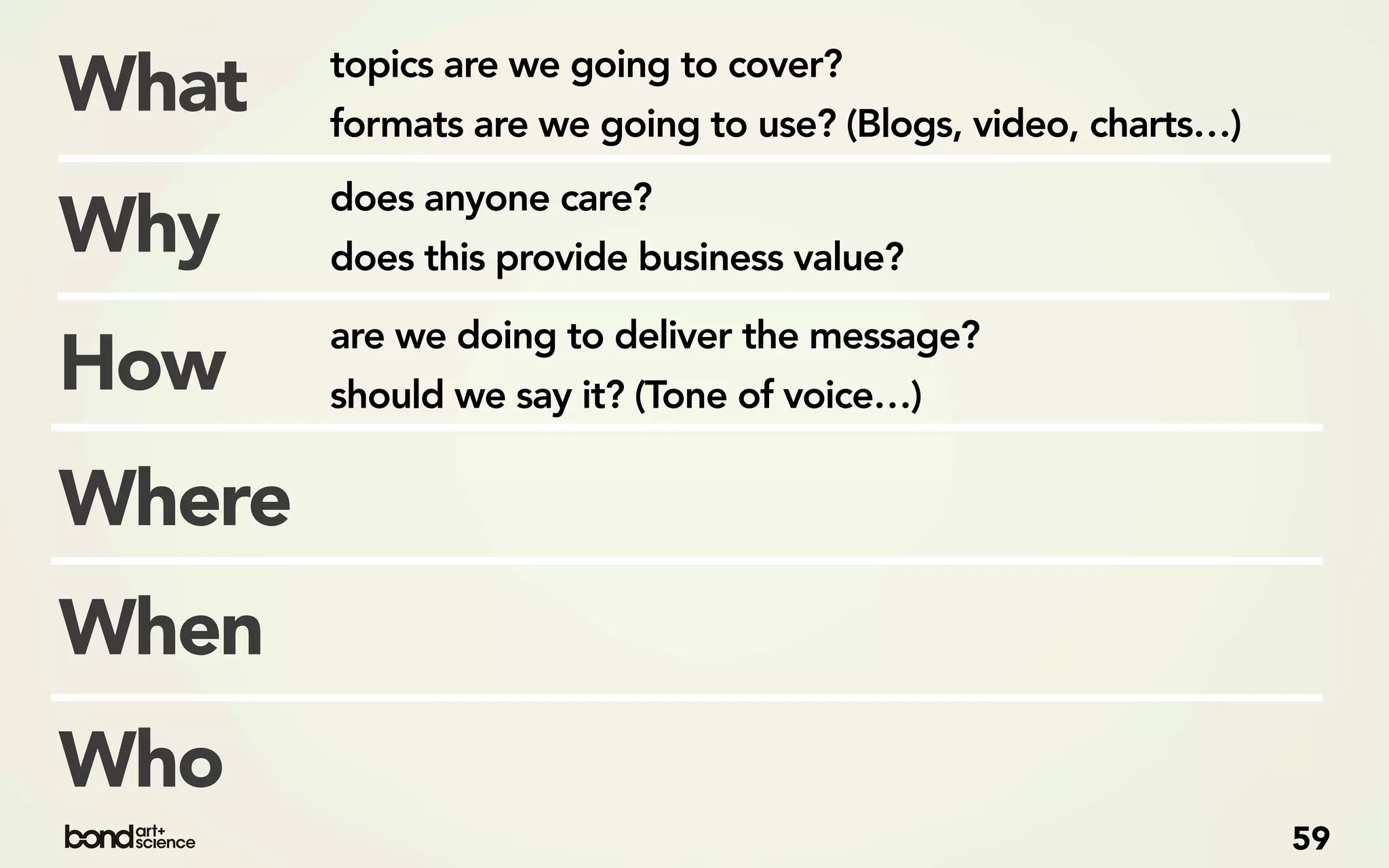 topics are we going to cover?
What    formats are we going to use? (Blogs, video, charts…)
        does anyone care?
Why     does this provide business value?

        are we doing to deliver the message?
How     should we say it? (Tone of voice…)


Where
When
Who
                                                               59
 