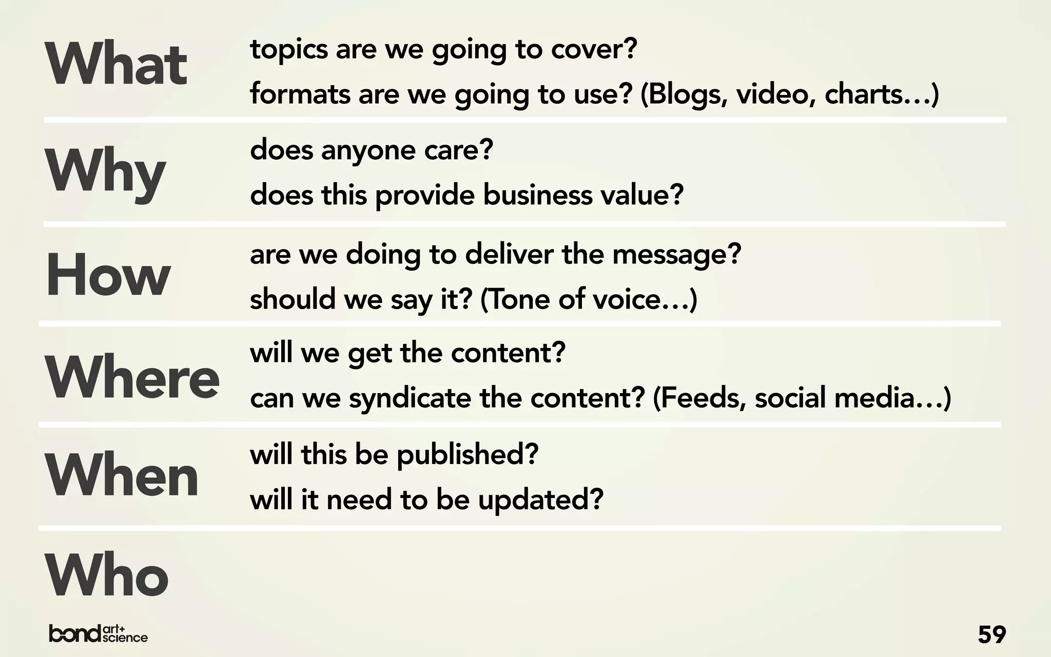 topics are we going to cover?
What    formats are we going to use? (Blogs, video, charts…)
        does anyone care?
Why     does this provide business value?

        are we doing to deliver the message?
How     should we say it? (Tone of voice…)
        will we get the content?
Where   can we syndicate the content? (Feeds, social media…)
        will this be published?
When    will it need to be updated?

Who
                                                               59
 