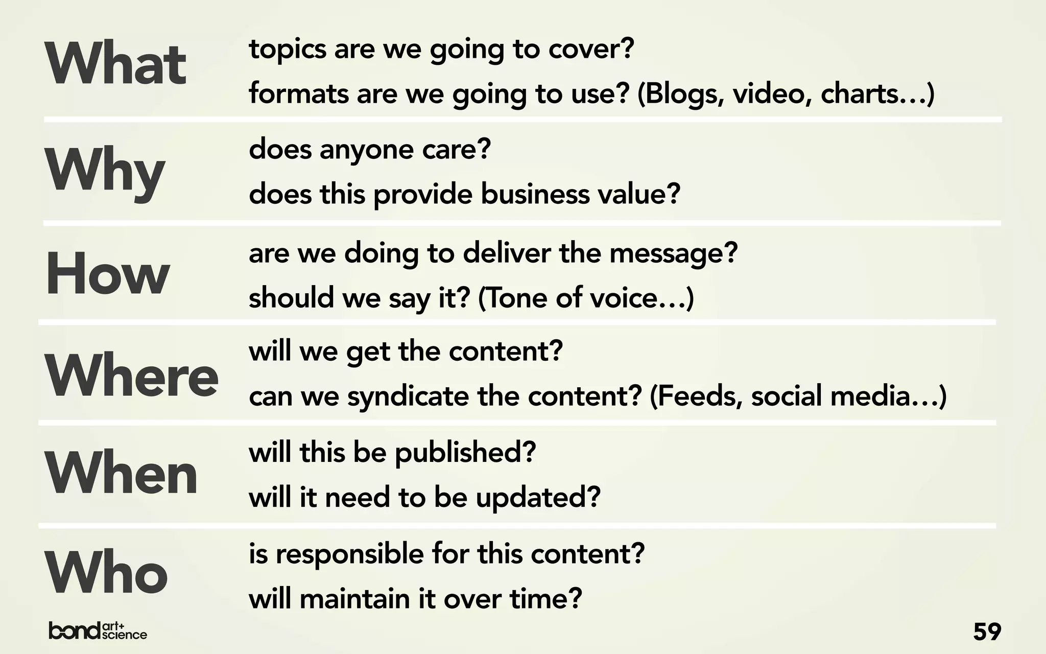 topics are we going to cover?
What    formats are we going to use? (Blogs, video, charts…)
        does anyone care?
Why     does this provide business value?

        are we doing to deliver the message?
How     should we say it? (Tone of voice…)
        will we get the content?
Where   can we syndicate the content? (Feeds, social media…)
        will this be published?
When    will it need to be updated?
        is responsible for this content?
Who     will maintain it over time?
                                                               59
 