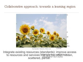 Collaborative approach: towards a learning region  Integrate existing resources (standards): improve access to resources and services that are too often hidden, scattered, partial.  By Kazuhiko Teramoto, Flickr.com 