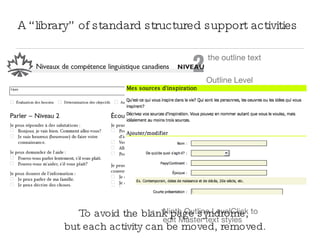 A “library” of standard structured support activities To avoid the blank page syndrome,  but each activity can be moved, removed. 