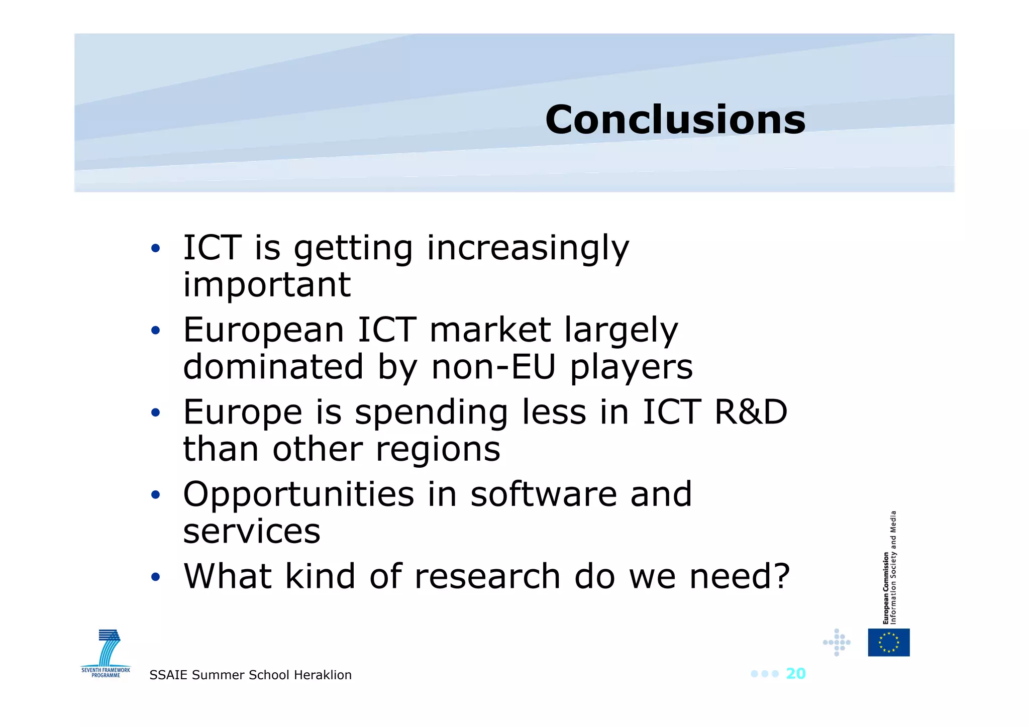 Conclusions ICT is getting increasingly important European ICT market largely dominated by non-EU players Europe is spending less in ICT R&D than other regions Opportunities in software and services What kind of research do we need? 