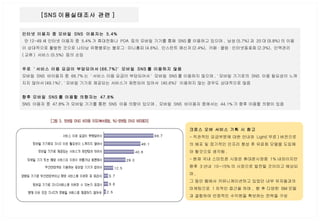[SNS 이용실태조사 관련 ]  크로스 오버 서비스 기획 시 참고 - 직관적인 요금부분에 대한 안내와  Light( 무료 ) 버전으로의 배포 및 장기적인 인프라 형성 후 유료화 모델을 도입해야 할것으로 생각됨 . - 현재 국내 스마트폰 시장은 휴대폰시장중  1% 내외이지만 향후  3 년내  10~15% 의 시장으로 발전될 것이라고 예상되며 ,  그 동안 웹에서 커뮤니케이션하고 있었던 내부 유저들과의 마케팅으로  1 차적인 접근을 하며 ,  향 후 다양한  BM 모델과 결합하여 안정적인 수익원을 확보하는 전략을 구성 인터넷 이용자 중 모바일  SNS  이용자는  5.4% 만 12-49 세 인터넷 이용자 중  5.4% 가 휴대전화나  PDA  등의 모바일 기기를 통해  SNS 를 이용하고 있으며 ,  남성 (5.7%) 과  20 대 (9.8%) 의 이용이 상대적으로 활발한 것으로 나타남 유형별로는 블로그 · 미니홈피 (4.6%),  인스턴트 메신저 (2.4%),  카페 · 클럽 · 인터넷동호회 (2.3%),  인맥관리  ( 교류 )  서비스 (0.5%)  등의 순임  주로  ' 서비스 이용 요금이 부담되어서 (66.7%)'  모바일  SNS 를 이용하지 않음   모바일  SNS  비이용자 중  66.7% 는  ' 서비스 이용 요금이 부담되어서 '  모바일  SNS 를 이용하지 않으며 , ' 모바일 기기로의  SNS  이용 필요성이 느껴지지 않아서 (49.1%)', ' 모바일 기기로 제공되는 서비스가 제한되어 있어서  (40.6%)'  이용하지 않는 경우도 상대적으로 많음  향후 모바일  SNS 를 이용할 의향자는  47.8%   SNS  이용자 중  47.8% 가 모바일 기기를 통한  SNS  이용 의향이 있으며 ,  모바일  SNS  비이용자 중에서는  44.1% 가 향후 이용할 의향이 있음 