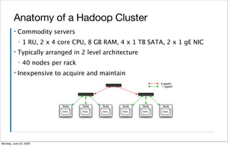 Anatomy of a Hadoop Cluster
         ▪   Commodity servers
             ▪   1 RU, 2 x 4 core CPU, 8 GB RAM, 4 x 1 TB SATA,...