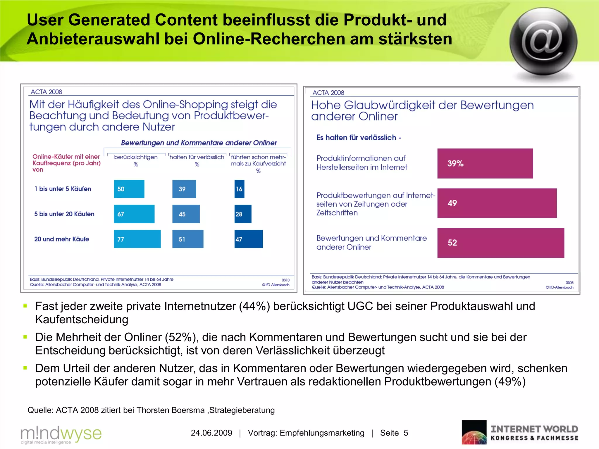 User Generated Content beeinflusst die Produkt- und
Anbieterauswahl bei Online-Recherchen am stärksten




 Fast jeder zweite private Internetnutzer (44%) berücksichtigt UGC bei seiner Produktauswahl und
  Kaufentscheidung
 Die Mehrheit der Onliner (52%), die nach Kommentaren und Bewertungen sucht und sie bei der
  Entscheidung berücksichtigt, ist von deren Verlässlichkeit überzeugt
 Dem Urteil der anderen Nutzer, das in Kommentaren oder Bewertungen wiedergegeben wird, schenken
  potenzielle Käufer damit sogar in mehr Vertrauen als redaktionellen Produktbewertungen (49%)

Quelle: ACTA 2008 zitiert bei Thorsten Boersma ,Strategieberatung

                                          24.06.2009 | Vortrag: Empfehlungsmarketing | Seite 5
 