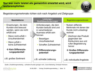 Nur wer mehr leistet als gemeinhin erwartet wird, wird
weiterempfohlen

Begeisterungsmerkmale richten sich nach Angebot und Zielgruppe

                                                           Leistungs-/
            Basisfaktoren                                                                             Begeisterungsmerkmale
                                                     Qualitätsanforderungen

  Erwartungen, die dem                           Anforderungen, die dem                          Nutzen stiftende
   Kunden erst bewusst                             Kunden bewußt sind und                           Merkmale mit denen der
   werden, wenn sie nicht                          in verschiedenen                                 Kunde nicht unbedingt
   erfüllt sind                                    Ausmass erfüllt sein                             rechnet
    Wenn nicht erfüllt =                          können                                             Zeichnen das Produkt
     Unzufriendenheit                                 Beseitigen                                      gegenüber der
    Wenn erfüllt =                                    Unzufriedenheit                                 Konkurrenz aus und
     keine Zufriedenheit                              Schaffen Zufriedenheit                          rufen Begeisterung
                                                                                                       hervor
    Kein Differenzie-                               Differenzierungs-                               Großes Differenzie-
     rungspotential!                                  potential!                                       rungspotential!

 z.B. großes Sortiment                           z.B. schnelle Lieferung                          z.B. individuelle Angebote

 Quelle: „Empfehlungsmarketing, - zufriedene Kunden genügen nicht „ Score Marketing, Christoph Portmann

                                          24.06.2009 | Vortrag: Empfehlungsmarketing | Seite 10
 