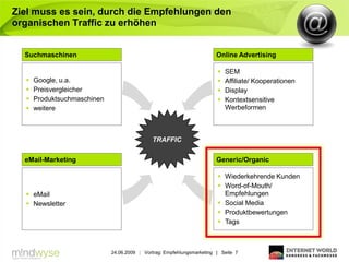 Ziel muss es sein, durch die Empfehlungen den
organischen Traffic zu erhöhen


  Suchmaschinen                                                         Online Advertising

                                                                           SEM
     Google, u.a.                                                         Affiliate/ Kooperationen
     Preisvergleicher                                                     Display
     Produktsuchmaschinen                                                 Kontextsensitive
     weitere                                                               Werbeformen



                                             TRAFFIC

  eMail-Marketing                                                       Generic/Organic

                                                                         Wiederkehrende Kunden
                                                                         Word-of-Mouth/
   eMail                                                                 Empfehlungen
   Newsletter                                                           Social Media
                                                                         Produktbewertungen
                                                                         Tags



                             24.06.2009 | Vortrag: Empfehlungsmarketing | Seite 7
 