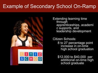 Example of Secondary School On-RampExtending learning time through apprenticeships, academic supports, and leadership developmentCitizen Schools:8 to 27 percentage point increase in on-time high school graduation $12,000 to $40,000  per additional on-time high school graduate