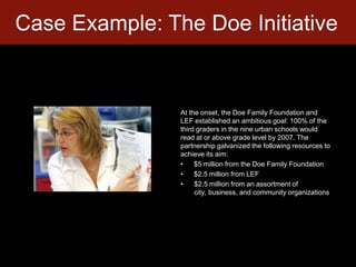 Case Example: The Doe InitiativeAt the onset, the Doe Family Foundation and LEF established an ambitious goal: 100% of the third graders in the nine urban schools would read at or above grade level by 2007. The partnership galvanized the following resources to achieve its aim:$5 million from the Doe Family Foundation $2.5 million from LEF $2.5 million from an assortment of city, business, and community organizations 