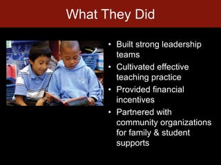 What They DidBuilt strong leadership teamsCultivated effective teaching practiceProvided financial incentivesPartnered with community organizations for family & student supports