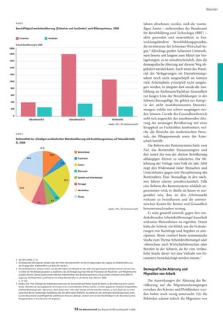 Dossier


       Grafik 2                                                                                                                                     Jahren abnehmen werden, sind die zustän-
       Beschäftigte Erwerbsbevölkerung (Schweizer und Ausländer) nach Bildungsniveau, 2008                                                          digen Ämter – insbesondere das Bundesamt
                                                                                                                                                    für Berufsbildung und Technologie (BBT) –
           Schweizer                        Ausländer                                                                                               aktiv geworden und unterstützen in Ent-
                                                                                                                                                    wicklungsländern Berufsbildungsprojekte,
       Erwerbsbevölkerung in 1000
2000
                                                                                                                                                    die im Interesse der Schweizer Wirtschaft lie-
                                                                                                                                                    gen.4 Allerdings greifen Schweizer Unterneh-
1800
                                                                                                                                                    men bereits seit langem zum Mittel der Ver-
1600                                                                                                                                                lagerungen; es ist unwahrscheinlich, dass die
                                                                                                                                                    demografische Alterung auf diesem Weg ab-
1400
                                                                                                                                                    gefedert werden kann. Auch wenn das Poten-
1200                                                                                                                                                zial der Verlagerungen im Dienstleistungs-
                                                                                                                                                    sektor noch nicht ausgeschöpft ist, können
1000
                                                                                                                                                    viele Arbeitsplätze prinzipiell nicht ausgela-
 800                                                                                                                                                gert werden. In jüngster Zeit wurde die Aus-
                                                                                                                                                    bildung zu Fachmann/Fachfrau Gesundheit
 600                                                                                                                                                zur langen Liste der Berufsbildungen in der
 400
                                                                                                                                                    Schweiz hinzugefügt. Sie gehört zur Katego-
                                                                                                                                                    rie der nicht marktbestimmten Dienstlei-
 200                                                                                                                                                stungen, welche nur schwer ausgelagert wer-
   0
                                                                                                                                                    den können. Gerade der Gesundheitsbereich
                       Sekundärstufe I                                 Sekundärstufe II                            Tertiärstufe                     sieht sich angesichts der zunehmenden Alte-
                                                                                                               Quelle : BFS / Die Volkswirtschaft   rung der ansässigen Bevölkerung mit einer
                                                                                                                                                    Knappheit an Fachkräften konfrontiert, wel-
       Grafik 3
                                                                                                                                                    che alle Bereiche des medizinischen Perso-
                                                                                                                                                    nals, des Pflegepersonals sowie der Ärzte-
       Nationalität der ständigen ausländischen Wohnbevölkerung mit Ausbildungsniveau auf Sekundärstufe
       II, 2008
                                                                                                                                                    schaft betrifft.
                                                                                                                                                       Die Reform des Rentensystems hatte zum
                                     in %
                                                                                                                                                    Ziel, das Rentenalter hinauszuzögern und
                                                                               Deutschland
                                             12.0                                                                                                   den Anteil der von der aktiven Bevölkerung
                  19.8                                                         Frankreich                                                           abhängigen Älteren zu reduzieren. Die Ab-
                                                          4.5                                                                                       lehnung der Vorlage vom Volk im Jahr 2004
                                                                               Italien
                                                                                                                                                    zeigt den Widerstand vieler Menschen und
                                                                               Österreich
                                                                                                                                                    Unternehmen gegen eine Heraufsetzung des
                                                                               Spanien und Griechenland                                             Rentenalters. Eine Neuauflage in den näch-
                                                                22.5
                                                                                                                                                    sten Jahren scheint unwahrscheinlich. Falls
                                                                               Portugal
           23.0
                                                                                                                                                    eine Reform des Rentensystems wirklich an-
                                                                               Westbalkan                                                           genommen wird, so dürfte sie kaum so aus-
                                                                               Übrige
                                                                                                                                                    gestaltet sein, dass sie den Arbeitsmarkt
                                                    2.7
                                              6.1                                                                                                   wirksam zu beeinflussen und die astrono-
                               9.4
                                                                                                                                                    mischen Kosten für Renten und Gesundheit
                                                                                                               Quelle : BFS / Die Volkswirtschaft   herunterzuschrauben vermag.
                                                                                                                                                       Es wäre generell sinnvoll, gegen den wie-
                                                                                                                                                    derkehrenden Arbeitskräftemangel dauerhaft
                                                                                                                                                    wirksame Massnahmen zu ergreifen. Damit
                                                                                                                                                    hätte die Schweiz ein Mittel, um die Verände-
                                                                                                                                                    rungen von Nachfrage und Angebot zu anti-
                                                                                                                                                    zipieren. Heute existiert keine systematische
                                                                                                                                                    Studie zum Thema Arbeitskräftemangel oder
                                                                                                                                                    -überschuss nach Wirtschaftsbranchen oder
                                                                                                                                                    Berufen in der Schweiz, da für eine verläss-
                                                                                                                                                    liche Studie dieser Art eine Vielzahl von Pa-
       2 Vgl. BFS (2008), S. 24.
                                                                                                                                                    rametern berücksichtigt werden müsste.5
       3 Die bilateralen Verträge der Schweiz über den freien Personenverkehr mit der EU begünstigen den Zugang von Arbeitskräften aus
         der EU gegenüber Arbeitskräften aus Nicht-EU-Ländern.
       4 Die Handelskammer Schweiz-Indien und das BBT haben zum Beispiel im Jahr 2007 eine gemeinsame Initiative lanciert mit dem Ziel,             Demografische Alterung und
         in Indien ein Berufsbildungssystem zu etablieren, das die Verlagerung eines Teils der Produktion der Maschinen- und Metallindustrie
         erlauben könnte. Dieses System bietet indischen Arbeitskräften eine Ausbildungschance und garantiert schweizerischen KMU im                Migration von Arbeit
         Gegenzug die Möglichkeit, qualifizierte und billige Arbeitskräfte zu rekrutieren (vgl. Oberson 2008,
         S. 13–16).                                                                                                                                    Die Auswirkungen der Alterung der Be-
       5 Gemäss Prof. Yves Flückiger des Arbeitsobservatoriums der Universität Genf fehlen heute die Daten zur Durchführung einer solchen
         Studie. Überdies hat das angebotene Lohnniveau einen entscheidenden Einfluss auf den zu einem gegebenen Zeitpunkt festgestellten
                                                                                                                                                    völkerung auf die Migrationsbewegungen
         Arbeitskräftemangel oder -überschuss. Denn dieser kann mehr oder weniger schnell resorbiert werden, je nach Dauer der zur Erlan-           zwischen der Schweiz und Drittländern wur-
         gung eines Berufs notwendigen Ausbildung oder der sektoriellen Mobilität, die wiederum vom verlangten Ausbildungsniveau sowie
         von der Neuorientierungsfähigkeit der arbeitslosen Personen abhängt. Letztere wird von den Berufstätigen in der Beurteilung einer
                                                                                                                                                    den bisher noch wenig untersucht. Für die
         Mangelsituation in ihrer Branche oft vergessen.                                                                                            Behörden scheint jedoch die Migration von


                                                                            59 Die Volkswirtschaft Das Magazin für Wirtschaftspolitik 5-2009
 