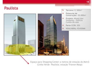 18


Paulista                                    Terreno:12.500m²
                                            Terreno:
                                            Potencial de
                                            Construção:~50.000m²
                                            Projeto: Mixed-Use:
                                            Shopping + Edifício
                                            Comercial AAA
                                            Parte CCDI: 50%
                                            VGV(100%): R$450MM




           Espaço para Shopping Center a metros de estação do Metrô
                 (Linha Verde –Paulista; estação Trianon-Masp)
 