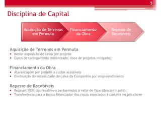 5


Disciplina de Capital

        Aquisição de Terrenos         Financiamento               Repasse de
            em Permuta                   da Obra                  Recebíveis


Aquisição de Terrenos em Permuta
  Menor exposição de caixa por projeto
  Custo de carregamento minimizado; risco de projetos mitigado;

Financiamento da Obra
  Alavancagem por projeto a custos acessíveis
  Diminuição de necessidade de caixa da Companhia por empreendimento

Repasse de Recebíveis
  Repasse:100% dos recebíveis performados a valor de face (desconto zero);
  Transferência para o banco financiador dos riscos associados à carteira no pós-chave
 