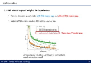 Implementation
PR-274 | Mixed Precision Training 12
1. FP32 Master copy of weights → Experiments
• Train the Mandarin speech model with FP32 master copy and without FP32 master copy.
• Updating FP16 weights results in 80% relative accuracy loss.
Worse than FP master copy
 