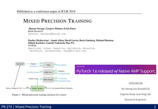 2020/09/06
Ho Seong Lee (hoya012)
Cognex Deep Learning Lab
Research Engineer
PR-274 | Mixed Precision Training 1
 