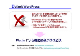 Default WordPress
                            • 優れたファイル管理機能を備えるが、ビデオ映像
                              アップロード後の組み込みに課題がある。

                             • WordPress のデフォルト機能のままでは
                               ビデオ映像アップロードしての動画掲載は厳しい。
                             • 外部ビデオ配信サーバからの embed
                               （offside-hosted）が簡易的な実現手法の１つ。




       Plugin による機能拡張がほぼ必須
参考 ）   WordPress Plugins/JSeries http://wppluginsj.sourceforge.jp/
       WordPress Codex 日本語版 Plugins/Video http://wpdocs.sourceforge.jp/Plugins/Video
 
