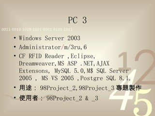 PC 3 Windows Server 2003 Administrator / m/3ru,6 CF RFID Reader ,Eclipse, Dreamweaver,MS ASP .NET,AJAX Extensons, MySQL 5.0,M$ SQL Server 2005 , MS VS 2005 ,Postgre SQL 8.1, 用途： 98Project_2,98Project_3 專題製作 使用者： 98Project_2 & _3 