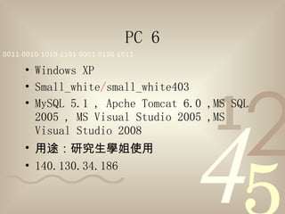 PC 6 Windows XP Small_white / small_white403 MySQL 5.1 , Apche Tomcat 6.0 ,MS SQL 2005 , MS Visual Studio 2005 ,MS Visual Studio 2008 用途：研究生學姐使用 140.130.34.186 