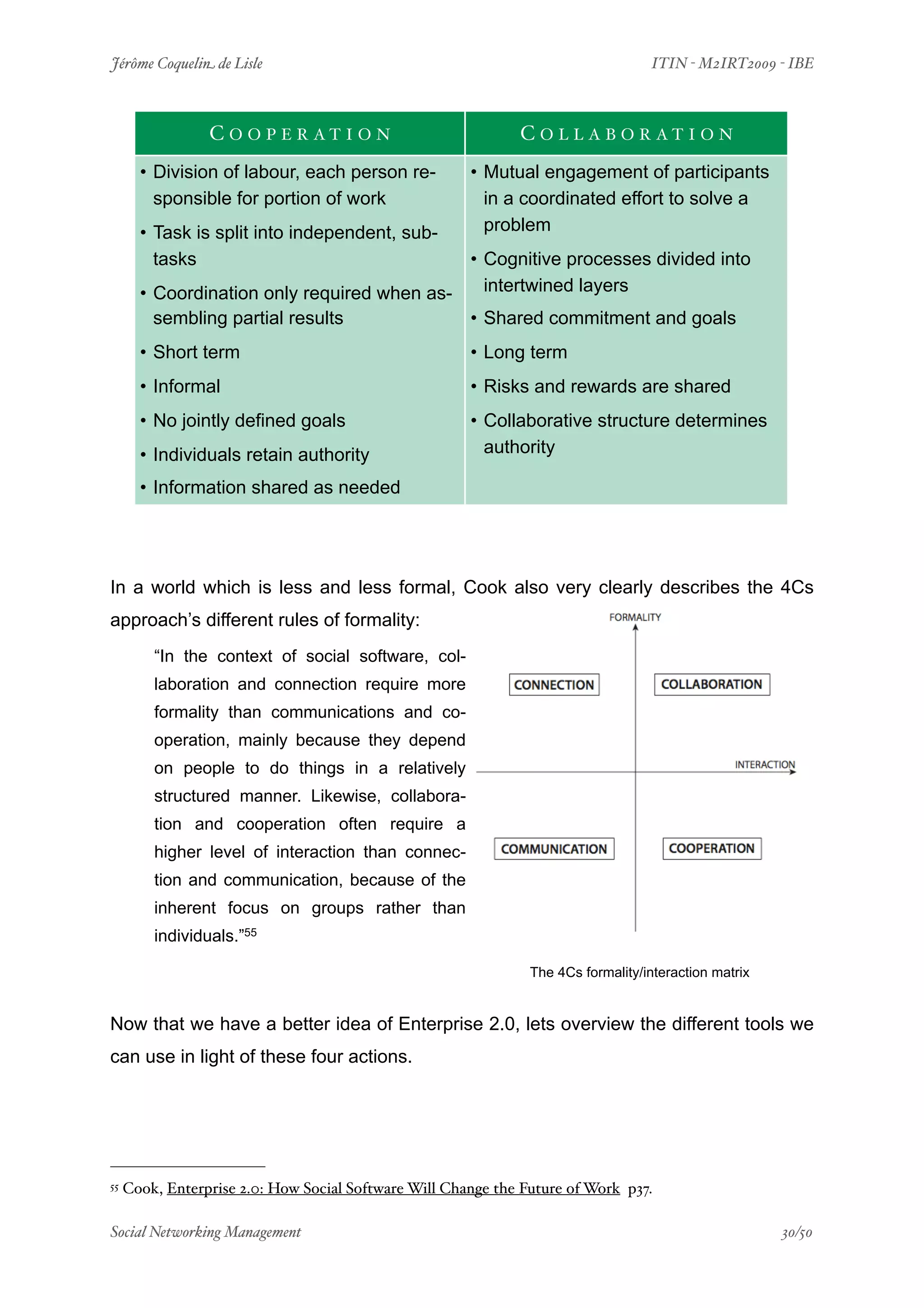 Jérôme Coquelin de Lisle
                          
                               ITIN - M2IRT2009 - IBE



                 C O O P E R AT I O N                         C O L L A B O R AT I O N
       • Division of labour, each person re-           • Mutual engagement of participants
         sponsible for portion of work                   in a coordinated effort to solve a
       • Task is split into independent, sub-            problem
         tasks                               • Cognitive processes divided into
       • Coordination only required when as-   intertwined layers
         sembling partial results            • Shared commitment and goals
       • Short term                                    • Long term
       • Informal                                      • Risks and rewards are shared
       • No jointly defined goals                      • Collaborative structure determines
       • Individuals retain authority                    authority

       • Information shared as needed




In a world which is less and less formal, Cook also very clearly describes the 4Cs
approach’s different rules of formality:
         “In the context of social software, col-
         laboration and connection require more
         formality than communications and co-
         operation, mainly because they depend
         on people to do things in a relatively
         structured manner. Likewise, collabora-
         tion and cooperation often require a
         higher level of interaction than connec-
         tion and communication, because of the
         inherent focus on groups rather than
         individuals.”55

                                                                The 4Cs formality/interaction matrix


Now that we have a better idea of Enterprise 2.0, lets overview the different tools we
can use in light of these four actions.




55   Cook, Enterprise 2.0: How Social Software Will Change the Future of Work p37.

Social Networking Management
                      
                                                   30/50
 