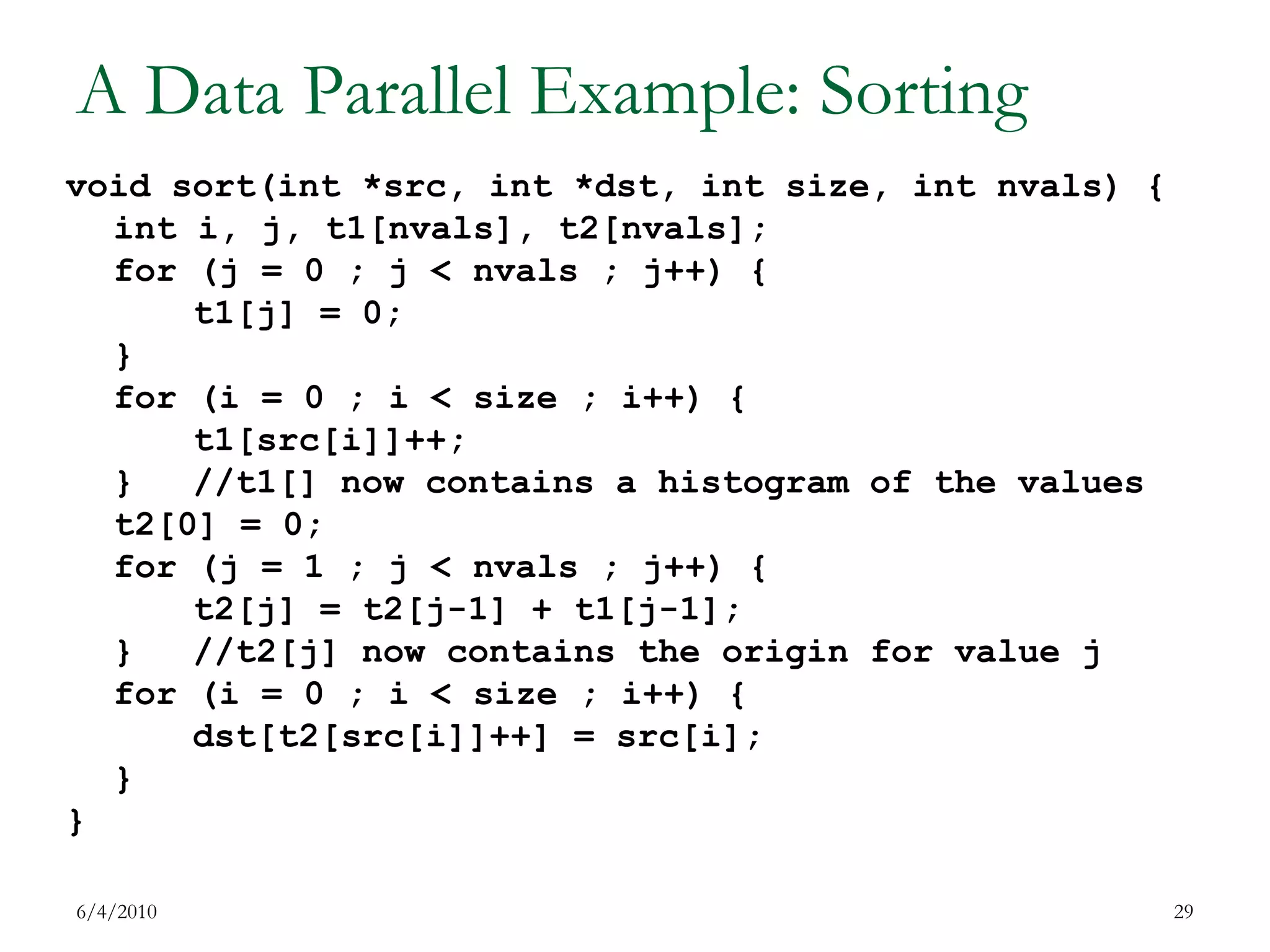 A Data Parallel Example: Sorting7/17/200929void sort(int *src, int *dst,int size, intnvals) {inti, j, t1[nvals], t2[nvals];	for (j = 0 ; j < nvals ; j++) {	t1[j] = 0;}	for (i = 0 ; i < size ; i++) {	t1[src[i]]++;}	//t1[] now contains a histogram of the values	t2[0] = 0;	for (j = 1 ; j < nvals ; j++) { 	t2[j] = t2[j-1] + t1[j-1];}	//t2[j] now contains the origin for value j	for (i = 0 ; i < size ; i++) {dst[t2[src[i]]++] = src[i];}}