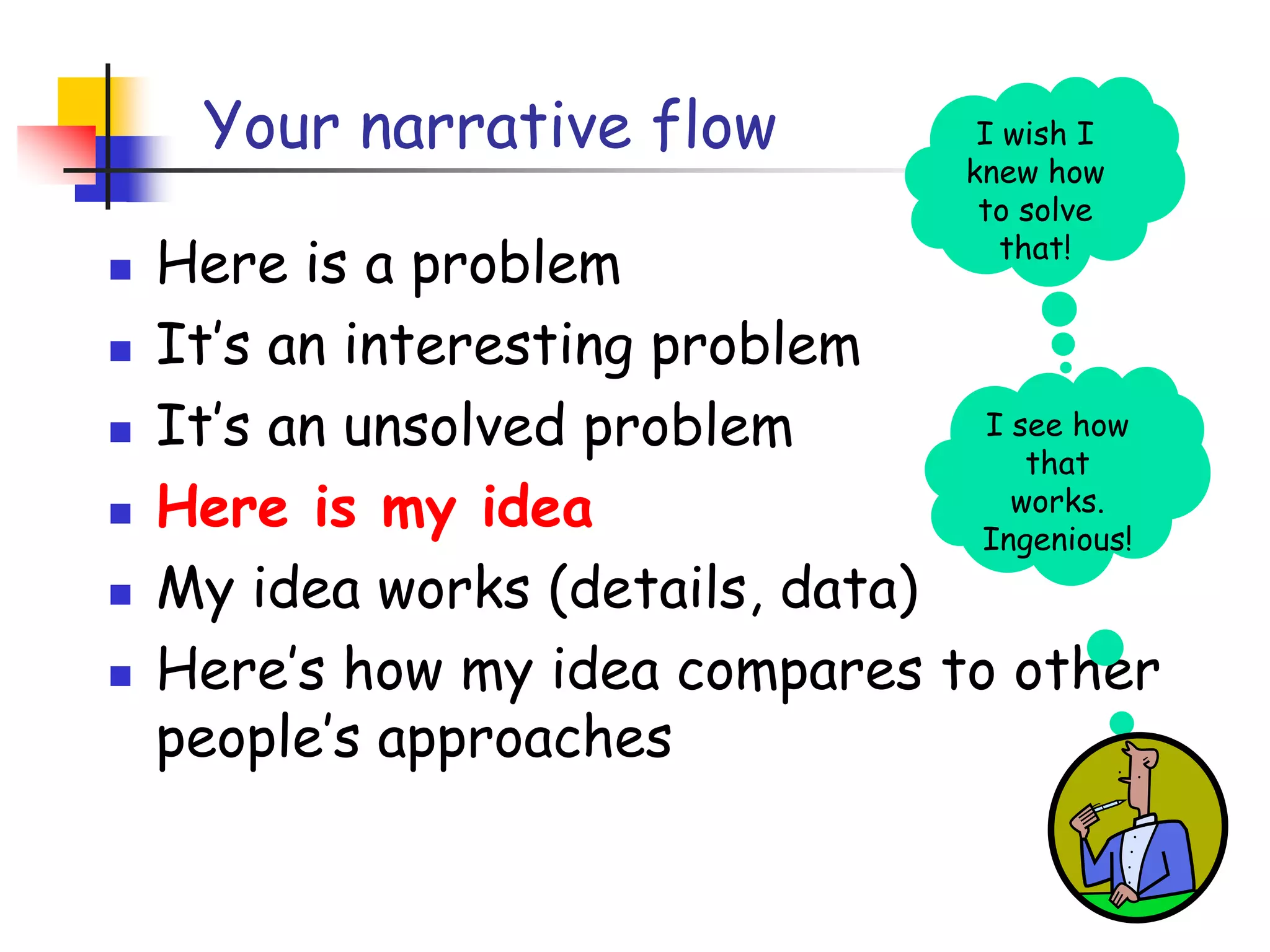 Your narrative flowHere is a problemIt’s an interesting problemIt’s an unsolved problemHere is my ideaMy idea works (details, data)Here’s how my idea compares to other people’s approachesI wish I knew how to solve that!I see how that works. Ingenious!