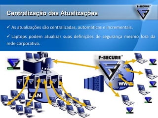 Web ReportingRelatóriosgráficospré-definidospelasolução de gerenciamentodemonstram o status da segurançacorporativa.Centralização das Atualizações As atualizaçõessãocentralizadas, automáticas e incrementais.