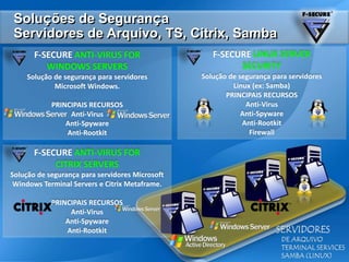 Soluções de SegurançaServidores de Arquivo, TS, Citrix, SambaF-SECURE LINUX SERVER SECURITYSolução de segurança para servidoresLinux (ex: Samba)PRINCIPAIS RECURSOSAnti-VirusAnti-SpywareAnti-RootkitFirewallF-SECURE ANTI-VIRUS FOR WINDOWS SERVERSSolução de segurança para servidores Microsoft Windows.PRINCIPAIS RECURSOSAnti-VirusAnti-SpywareAnti-RootkitF-SECURE ANTI-VIRUS FOR CITRIX SERVERSSolução de segurança para servidores Microsoft Windows Terminal Servers e CitrixMetaframe.PRINCIPAIS RECURSOSAnti-VirusAnti-SpywareAnti-RootkitSERVIDORES   DE ARQUIVO   TERMINAL SERVICES   SAMBA (LINUX)
