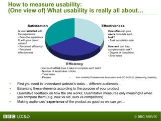 How to measure usability: (One view of) What usability is really all about… from Usability Professionals Association and ISO 9421-12 (Measuring Usability) First you need to understand website ’ s tasks… different audiences… Balancing these elements according to the purpose of your product Qualitative feedback on how the site works; Quantitative measures only meaningful when you compare them (e.g. new vs old, ours vs competitors) Making audiences ’   experience  of the product as good as we can get… How often  can your  users  complete each  task ? - Task completion rate How well  can they complete each task? - Degree of completion - Error rates How much  effort  does it take to complete each task? - Number of keystrokes / clicks - Time taken - Pauses Is user  satisfied  with the experience - Does the experience fit with your brand values? - Perceived efficiency - Perceived effectiveness 