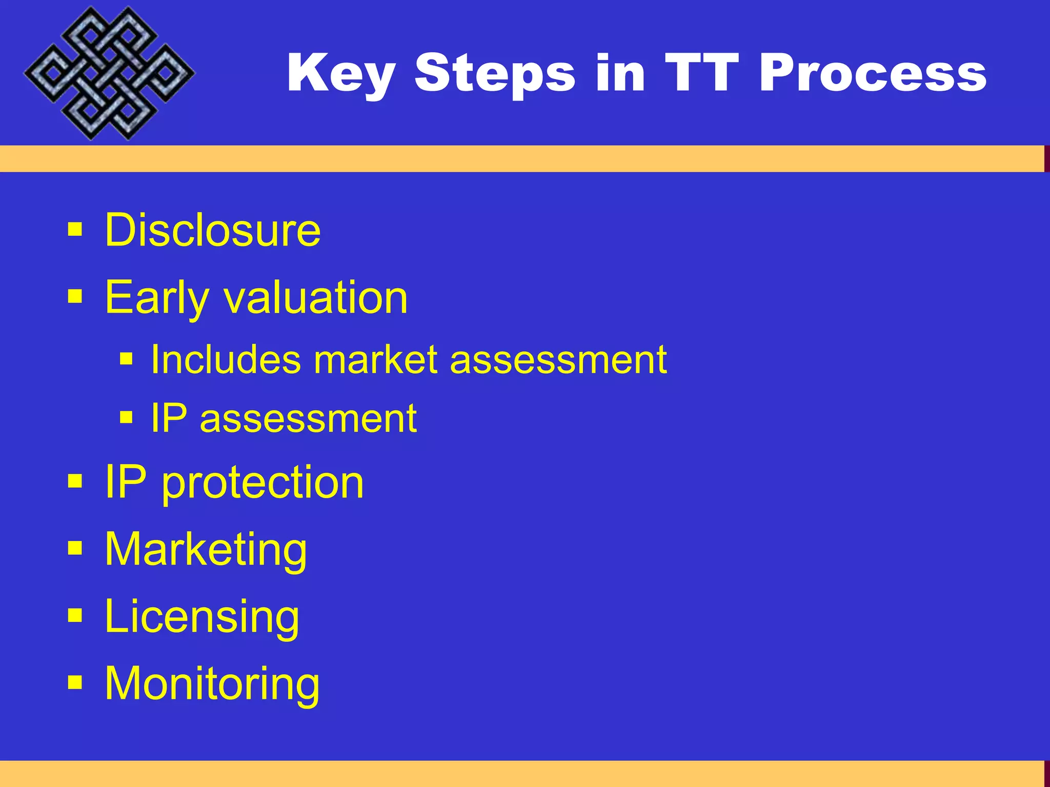 Key Steps in TT ProcessDisclosureEarly valuationIncludes market assessmentIP assessmentIP protectionMarketingLicensingMonitoring