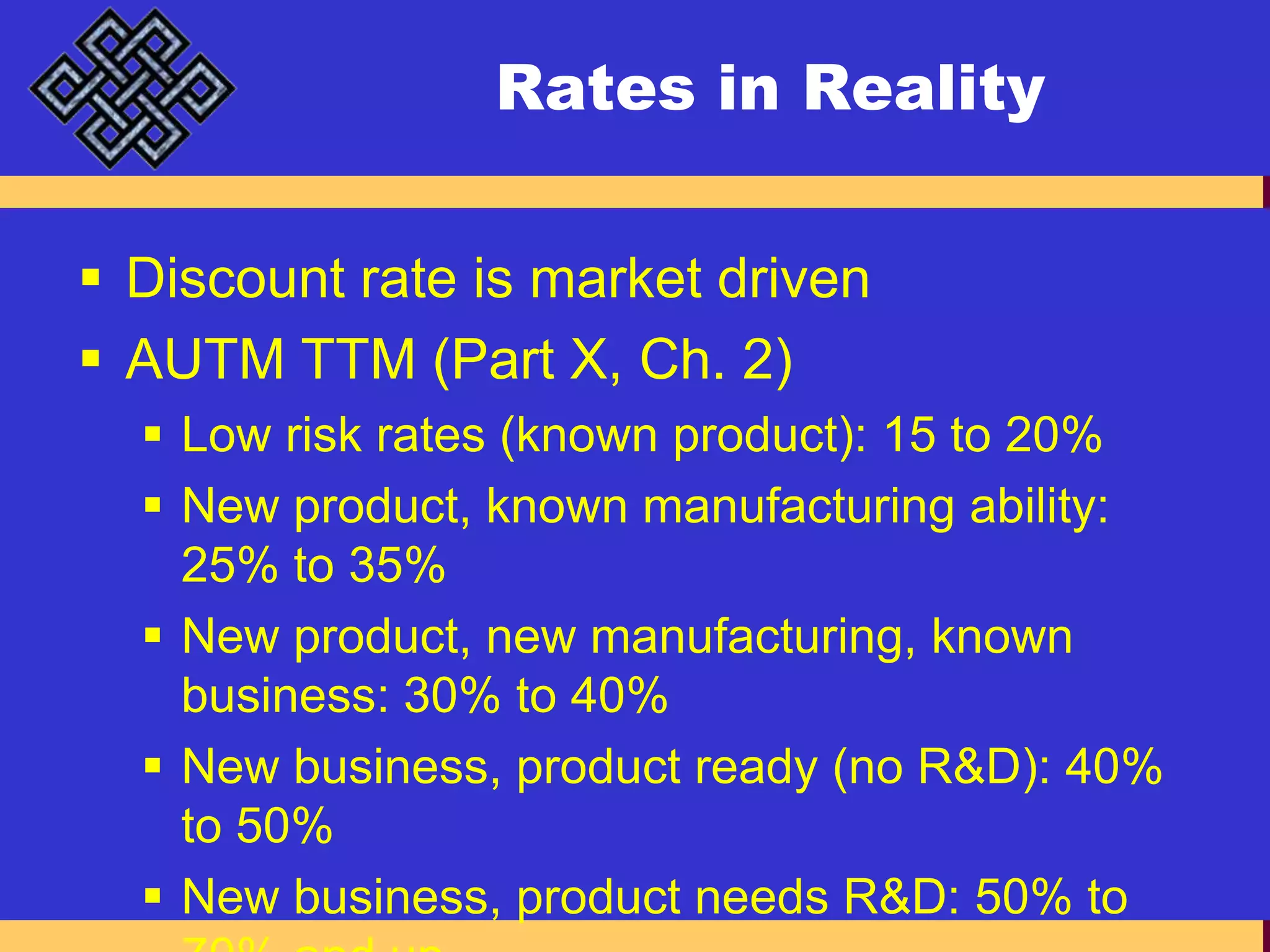 Rates in RealityDiscount rate is market drivenAUTM TTM (Part X, Ch. 2)Low risk rates (known product): 15 to 20%New product, known manufacturing ability: 25% to 35%New product, new manufacturing, known business: 30% to 40%New business, product ready (no R&D): 40% to 50%New business, product needs R&D: 50% to 70% and upQ: for three examples, what discount rate?