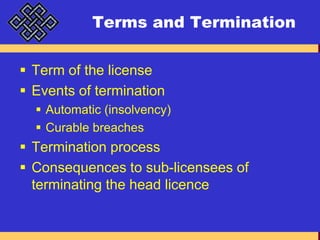 Terms and TerminationTerm of the licenseEvents of terminationAutomatic (insolvency)Curable breachesTermination processConsequences to sub-licensees of terminating the head licence