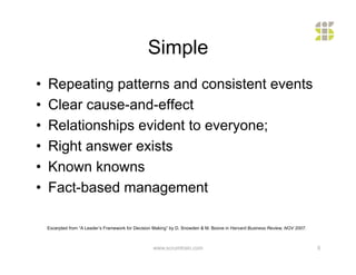Simple
•    Repeating patterns and consistent events
•    Clear cause-and-effect
•    Relationships evident to everyone;
•    Right answer exists
•    Known knowns
•    Fact-based management

     Excerpted from “A Leader’s Framework for Decision Making” by D. Snowden & M. Boone in Harvard Business Review, NOV 2007.



                                                      www.scrumtrain.com                                                        6
 