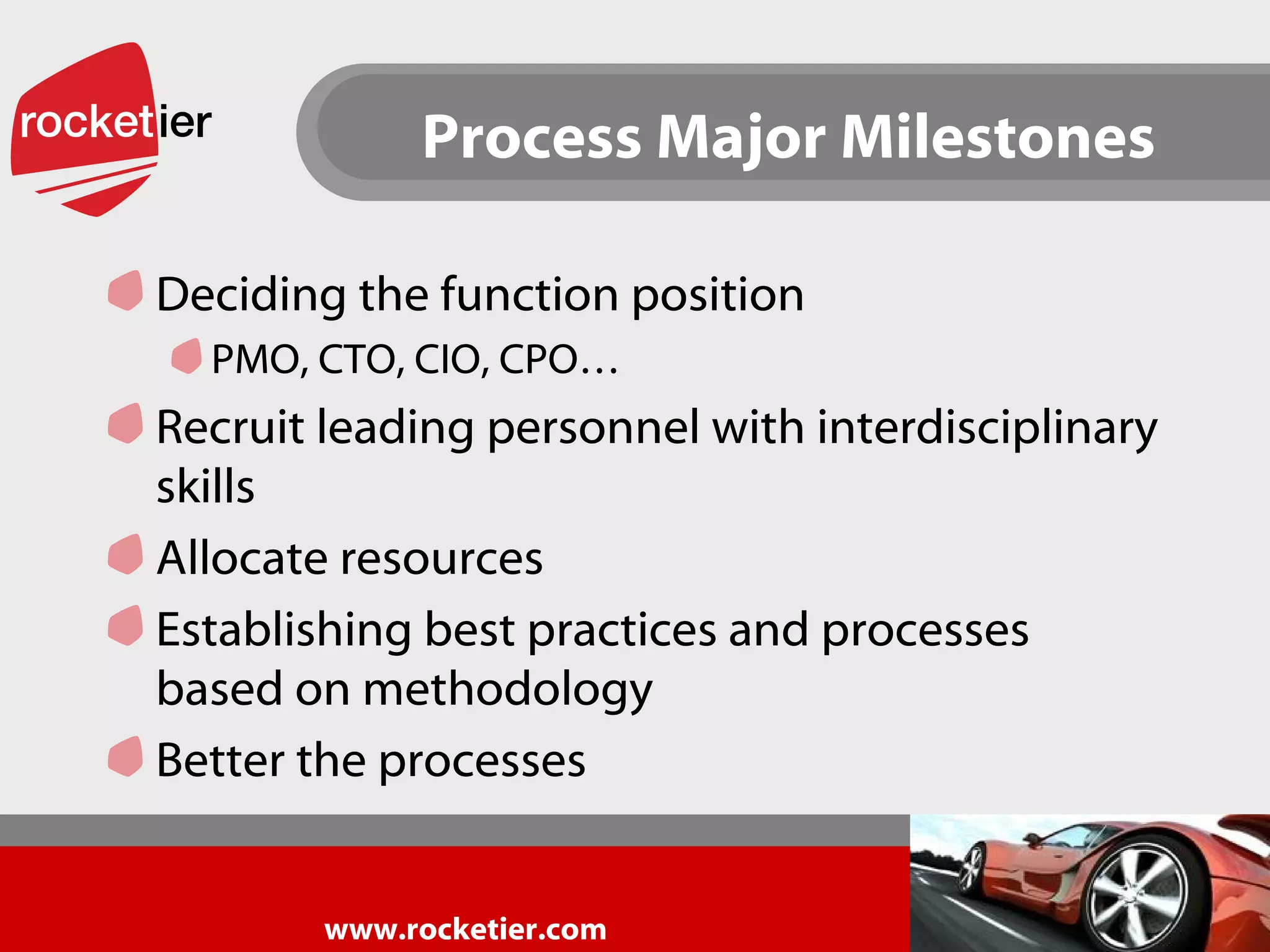 Process Major Milestones Deciding the function position PMO, CTO, CIO, CPO… Recruit leading personnel with interdisciplinary skills Allocate resources Establishing best practices and processes based on methodology Better the processes 