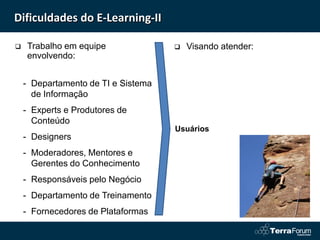 Dificuldades do E-Learning-II

   Trabalho em equipe                  Visando atender:
    envolvendo:


    - Departamento de TI e Sistema
      de Informação
    - Experts e Produtores de
      Conteúdo
                                     Usuários
    - Designers
    - Moderadores, Mentores e
      Gerentes do Conhecimento
    - Responsáveis pelo Negócio
    - Departamento de Treinamento
    - Fornecedores de Plataformas
 