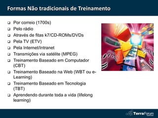 Formas Não tradicionais de Treinamento

   Por correio (1700s)
   Pelo rádio
   Através de fitas k7/CD-ROMs/DVDs
   Pela TV (ETV)
   Pela Internet/Intranet
   Transmições via satélite (MPEG)
   Treinamento Baseado em Computador
    (CBT)
   Treinamento Baseado na Web (WBT ou e-
    Learning)
   Treinamento Baseado em Tecnologia
    (TBT)
   Aprendendo durante toda a vida (lifelong
    learning)
 