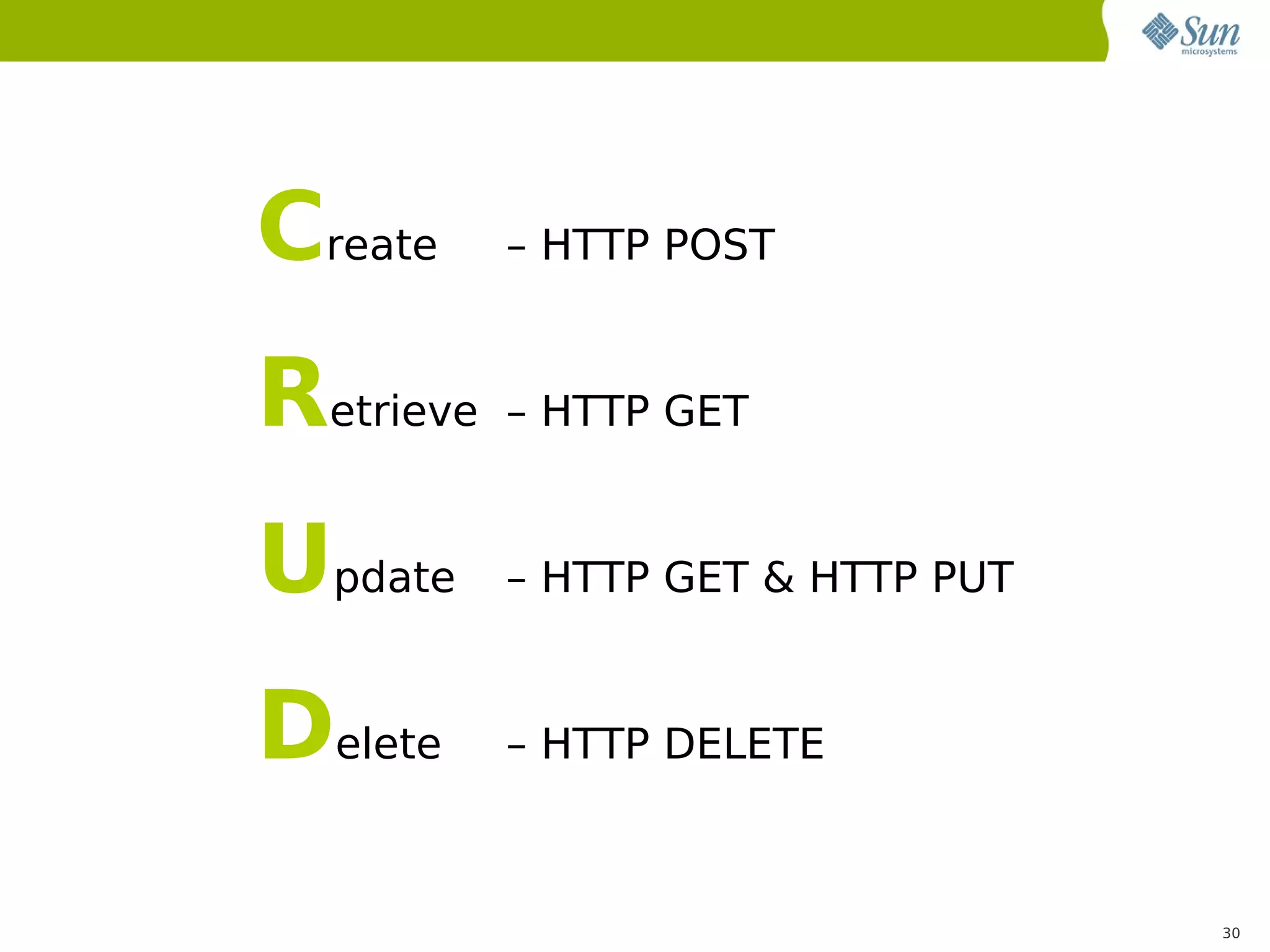 Create   – HTTP POST


Retrieve – HTTP GET
Update   – HTTP GET & HTTP PUT


Delete   – HTTP DELETE



                                 30
 