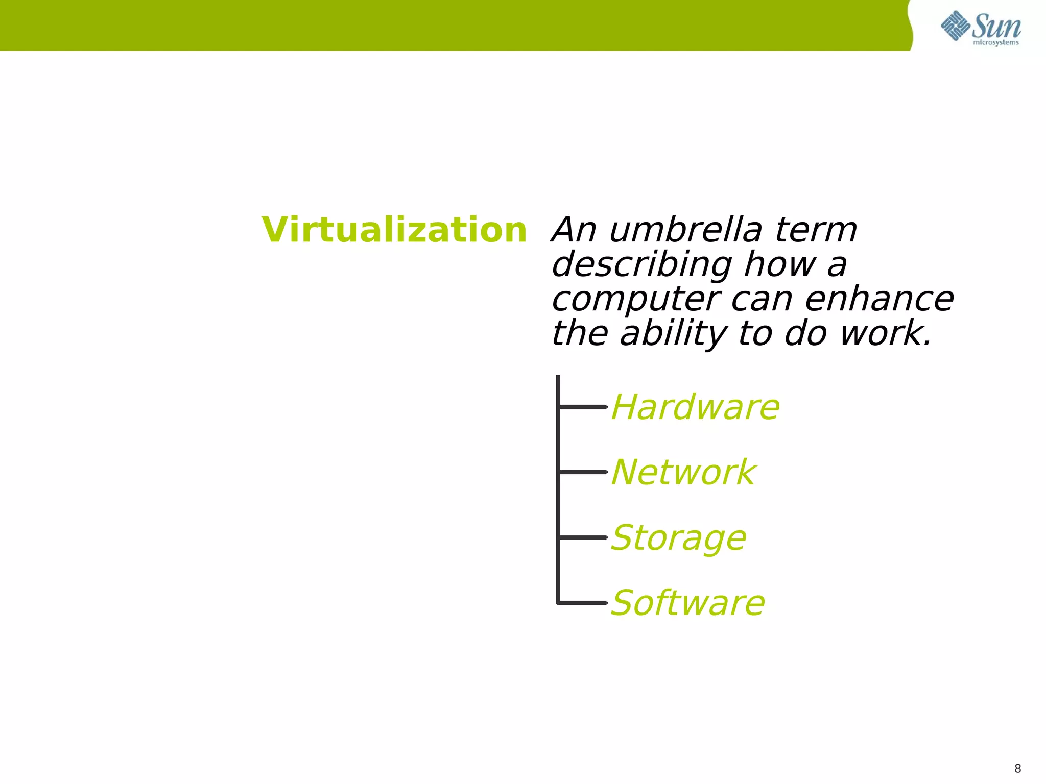 Virtualization An umbrella term
               describing how a
               computer can enhance
               the ability to do work.

                   Hardware
                   Network
                   Storage
                   Software



                                         8
 