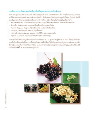 58
รายงานประจำปี๒๕๕๑
สวทช. โดยศูนย์ไบโอเทค ร่วมกับบริษัท ชิเซโด้ (ไทยแลนด์) จำกัด ได้ยื่นจดสิทธิบัตร เรื่อง “สารที่ใช้ทาภายนอกผิวหนัง
สารให้ความขาว สารชะลอวัย และสารต้านออกซิเดชั่น” ซึ่งเป็นผลงานวิจัยร่วมระหว่างศูนย์ไบโอเทค กับบริษัท ชิเซโด้
โดยเป็นโครงการศึกษาและประเมินฤทธิ์ของสารสกัดจากพืช 6 ชนิด เพื่อใช้เป็นส่วนผสมในเครื่องสำอาง
ตะไคร้ต้นหรือข่าต้น• (Cinnamomum ilicioides) มีฤทธิ์ให้ความขาว ชะลอวัย และช่วยให้ผิวเรียบเนียน
ชำมะเลียง• (Lepisanthes fruticosa) มีฤทธิ์ชะลอวัย และสลายไขมัน
กันเกรา• (Fagraea fragrans) มีฤทธิ์ชะลอวัย และช่วยให้ผิวเรียบเนียน
ประดู่บ้าน• (Pterocarpus indicus) มีฤทธิ์ชะลอวัย
กระชายป่า• (Boesenbergia regalis) มีฤทธิ์ให้ความขาว และชะลอวัย
กฤษณา• (Aquilaria crassna) มีฤทธิ์ให้ความขาว และชะลอวัย
การศึกษาวิจัยนี้ได้รับการอนุมัติจากกรมวิชาการเกษตรตาม พ.ร.บ. คุ้มครองพันธุ์พืชปี พ.ศ. 2542 ทั้งเมื่อเริ่มต้นวิจัย
และเมื่อมีการยื่นขอจดสิทธิบัตร การยื่นจดสิทธิบัตรร่วมครั้งนี้เพื่อขอให้รัฐคุ้มครองสิ่งประดิษฐ์จากการแข่งขันทางการค้า
ซึ่งการคุ้มครองผลที่ได้จากงานวิจัยจากพืชทั้ง 6 ชนิดดังกล่าวจะไม่กระทบอุตสาหกรรมระดับชุมชนของไทยที่มีการใช้
ประโยชน์จากพืชทั้ง 6 ชนิดตามภูมิปัญญาท้องถิ่น
การศÖกษาสารสกัดจากสมุนไพรไทยเพื่อใช้ในอุตสาหกรรมเครื่องสำอาง
 